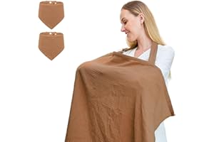 TATAVR Muslin Nursing Cover for Breastfeeding, Breathable 100% Cotton Privacy Nursing Covers with Rigid Hoop for Mother Nursing Apron, Include Two Baby Bibs, Soft Arch Neckline Nursing Apron