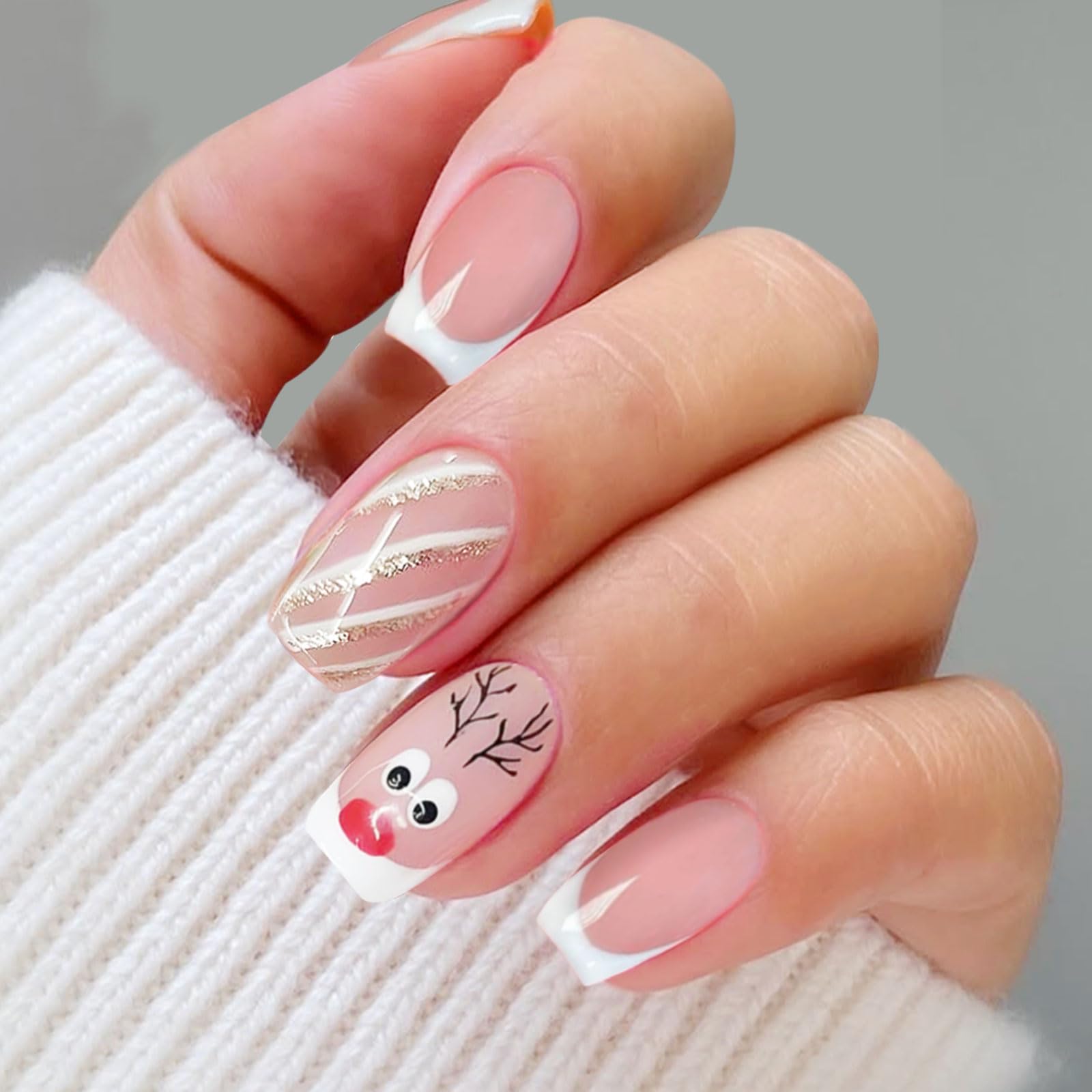 JMEOWIO Gel Nail Stickers Christmas Cute Glitter Cream Pink Semi Cured Gel Nail Strips Wraps UV/LED Nails Art Design Decoration Accessories