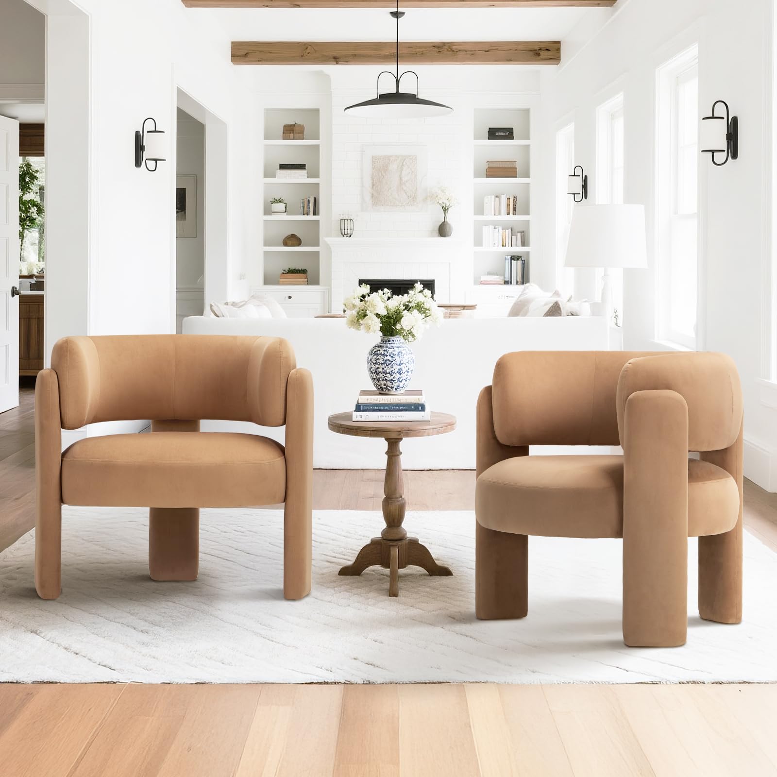 Photo 1 of ***INCOMPLETE SET, ONE ONLY*** COLAMY Modern Velvet Accent Chairs Set of 2, Upholstered Barrel Chairs, Comfy Side Arm Chairs with 3 Legs for Living Room, Bedroom, Reading, Khaki