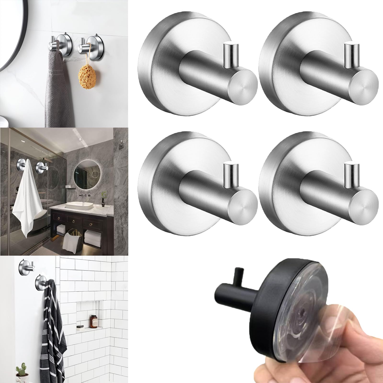 Boxonly Suction Cup Hooks for Shower, Bathroom, Kitchen, Glass Door - Heavy Duty Silver Stainless Steel Towel Holder - Waterproof, No-Drill, 5kg Capacity (4-Pack)