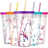 Meoky Color Changing Cold Cups with Lids and Straws - 5 Pack 24 oz Plastic Cute Tumblers Bulk, Reusable for Kids Women Party, Iced Coffee(Swirl)