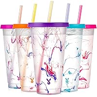 Meoky Color Changing Cups with Lids and Straws - 5 Pack 24 oz Plastic Tumblers with Lids and Straws Bulk, Reusable Cups with
