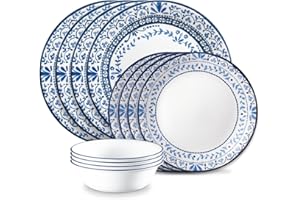 Corelle Vitrelle Glass Dinnerware Set, Chip & Crack Resistant Triple Layer Glass, 12-PC Dinnerware Set, Portofino