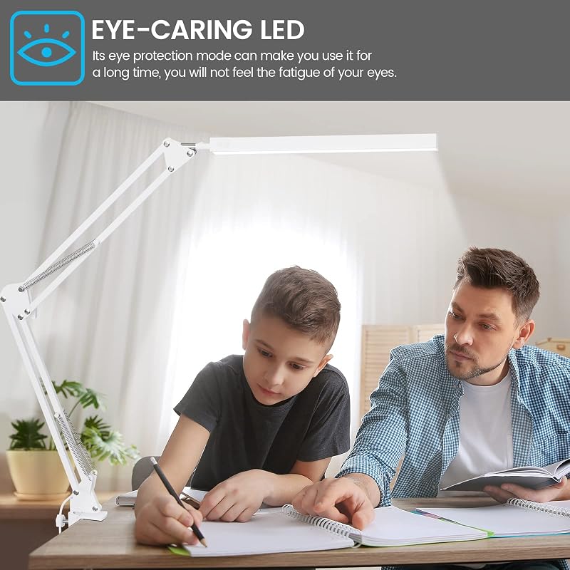 Candeeiro de Secretária LED - Candeeiro de Secretária LED potente com clipe - Lâmpada de Secretária LED com proteção ocular - 3 modos de iluminação X 10 níveis de brilho - Branco — foto 6 de 7