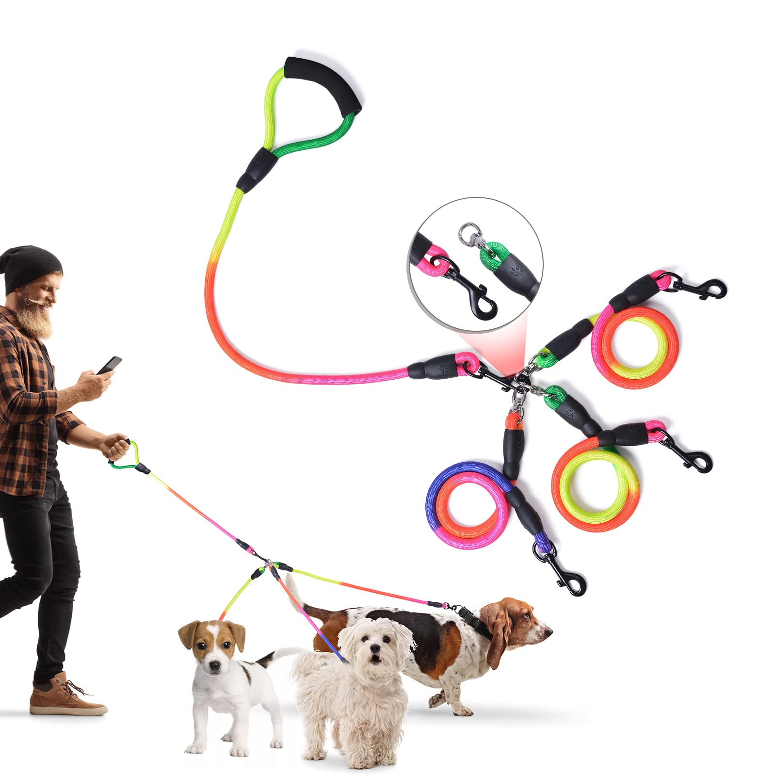 3 way Dog Leash, 75 Inch Dog Leash Detachable 360 Swivel with Soft Padded Handle for Small/Medium Dogs PT048