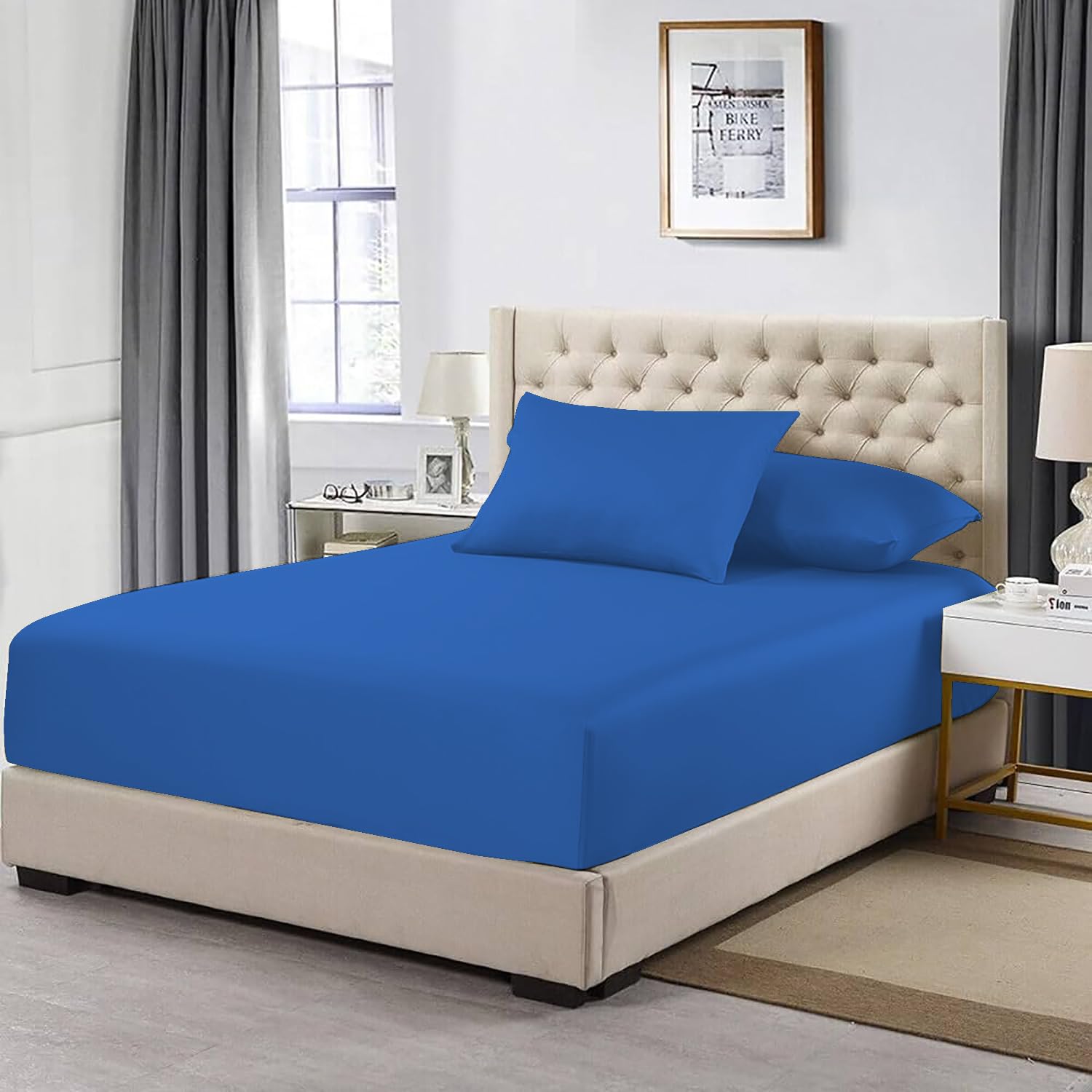 MistyMorning Extra Deep Fitted Sheet 16''/40cm, Egyptian Cotton bed sheets with 200 Thread Count, Soft & Premium quality Bedding & Linen (Blue, Single)