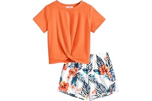 Arshiner Girl's 2 Piece Outfits Short Sleeve Twist Crop Top T-shirts and Print Pocketed Summer Short Sets 3-14 Years