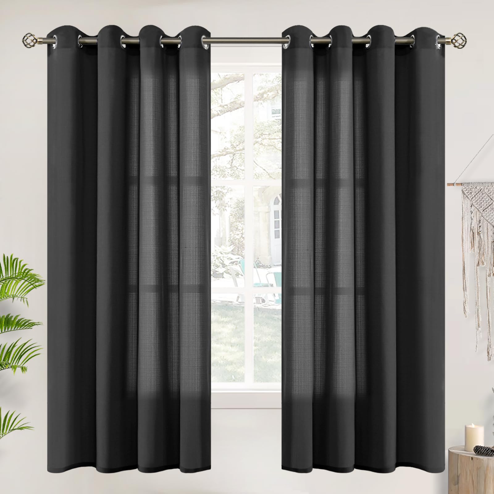 BGment Halloween Black Linen Sheer Curtains for Bedroom 63 inch Length 2 Panels, Grommet Light Filtering Drapes Privacy Sheer Opaque Panels for Living Room, Each 52 x 63 Inch