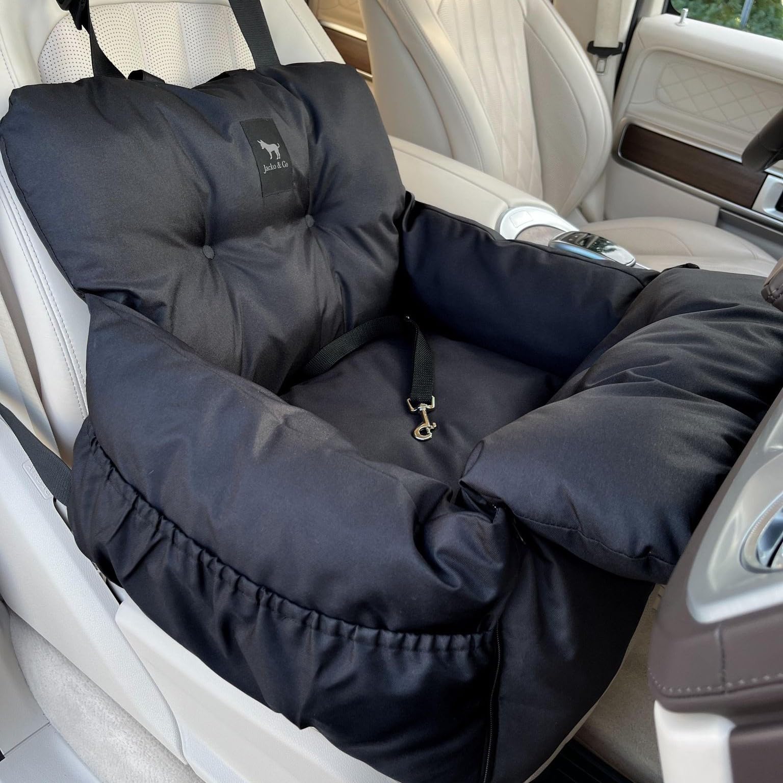 Photo 1 of JACKO & CO Premium Dog Car Seat – Safe & Cozy Travel Bed and Carrier for Small Dogs, Puppies, Pets up to 25 lbs, Clip-On Leash & Storage Pockets, Water-Resistant, Machine Washable (Black, Small)
