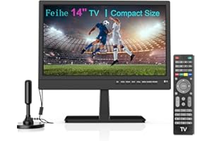 Feihe 14 inch Small Flat Screen Kitchen TV with Antenna ATSC Tuner/USB/HDMI/AV/VGA, Built-in TV Stand and Remote Control for 