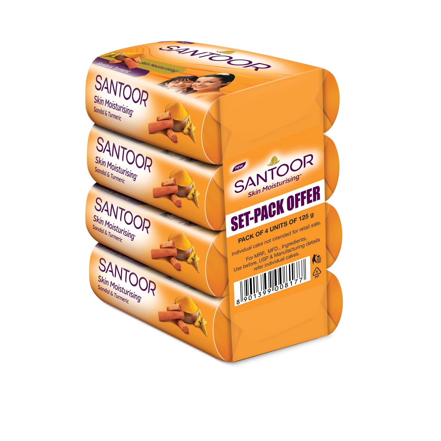 Santoor Sandal and Turmeric Soap, 125g (Pack of 4)