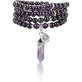 Jovivi 108 Mala Beads Bracelet 8mm Natural Amethyst Rose Quartz Healing Crystal Stone Mala Prayer Bead Necklace Hexagonal Prism Gemstone Reiki Pointed Pendant for Yoga Meditation Energy Balancing