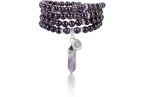 Jovivi 108 Mala Beads Bracelet 8mm Natural Amethyst Rose Quartz Healing Crystal Stone Mala Prayer Bead Necklace Hexagonal Prism Gemstone Reiki Pointed Pendant for Yoga Meditation Energy Balancing