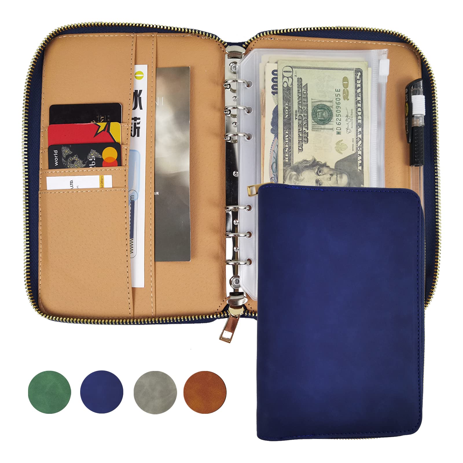 Photo 1 of A6 Leather Budget Binder Cash Envelopes System Wallet Budget Planner PU Leather Cover Notebook with Zipper 6 Rings Refillable Money Wallet Organizer for Cash Budgeting and Saving (Bule)