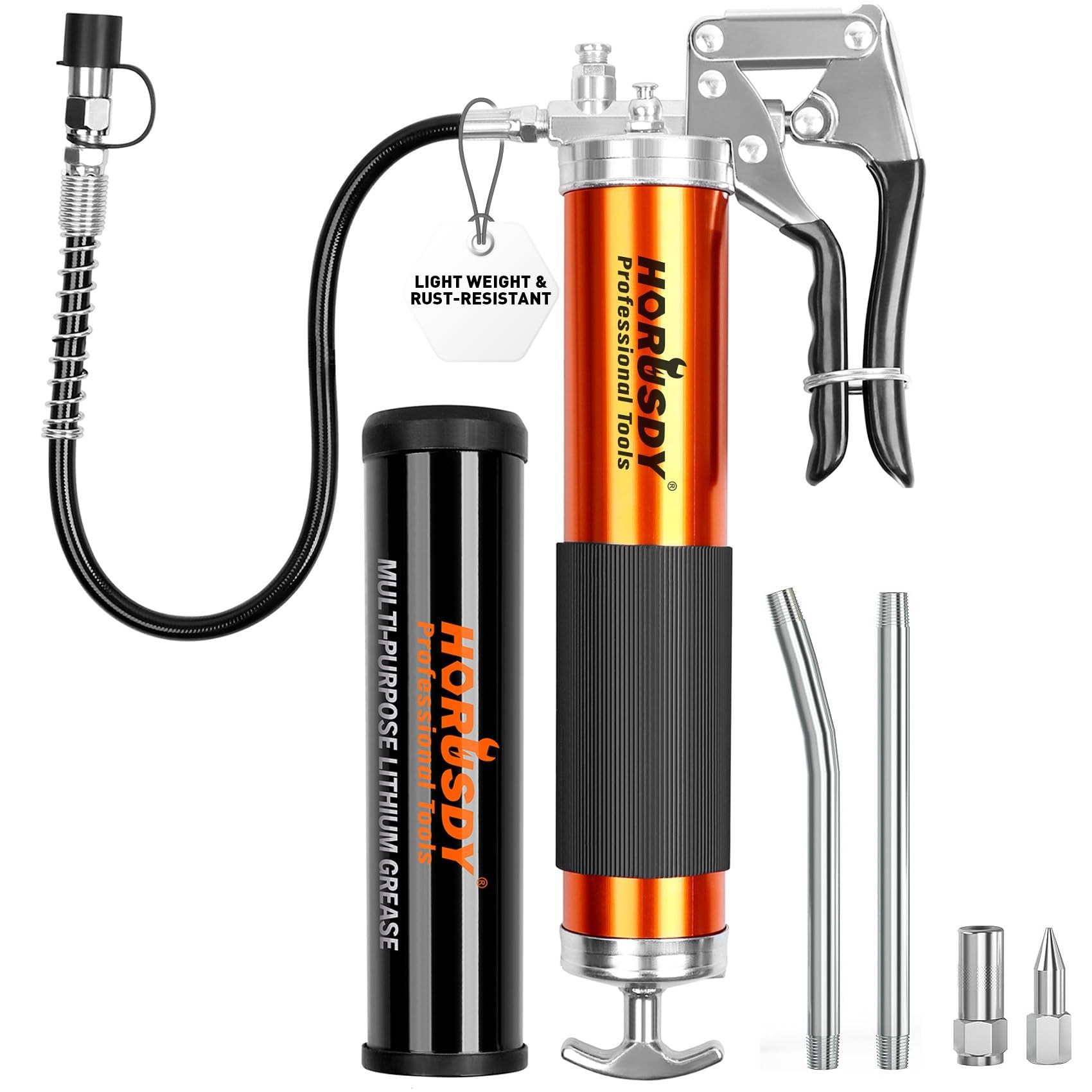 Photo 1 of HORUSDY Heavy Duty Grease Gun with 14oz Grease Tubes | Grease Gun Flexible Hose | 7000 PSI | 18 Inch Spring Flex Hose | 2 Working Coupler | 2 Extension Rigid and 1 Sharp Type Nozzle Included