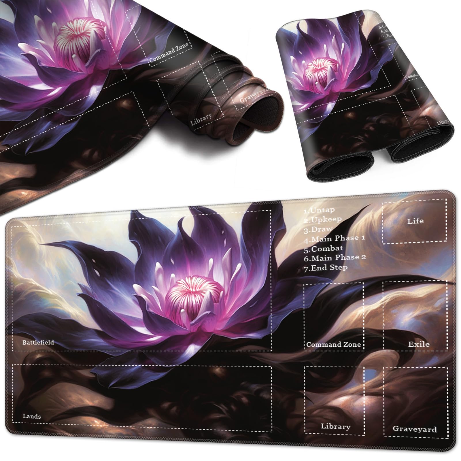 Photo 1 of Playmat for MTG with Zones, 24"x14" TCG Trading Card Game Mat, Original Hand-Painted Design, Non-Slip Rubber Base, Stitched Edges, Large Mouse Pad, Lotus