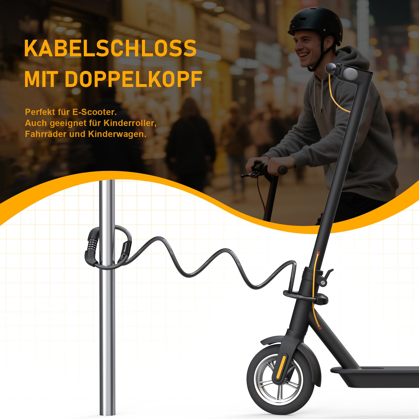 Honszex E Scooter Schloss, 5-stellig Kabel Schloss für E Scooter/Roller, Handschellenschloss, Zahlenschloss-Doppelschloss, Fahrradschloss, 105cm x 12mm, E Scooter Zubehör 2
