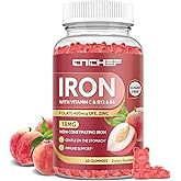 Iron Supplement for Women & Men Gummies, Multivitamin Blood Builder Iron Supplement with Folate Vitamin C B12 B6 Zinc for Adults & Kids - Energy Support - Peach Flavor, Vegan 60 Gummies