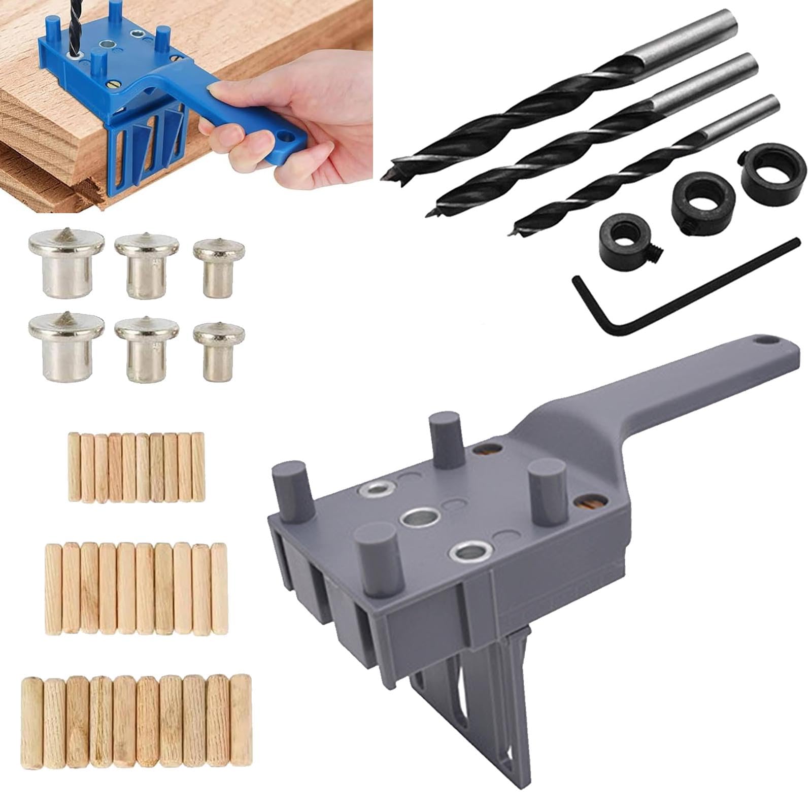 thirei 44Pcs Dowel Jig Kit, Metal Sleeve Wood Drilling, Drill Jig, 6/8/10mm Woodworking Positioning Pin Fixture Kit, for Woodworking Drilling, Grey