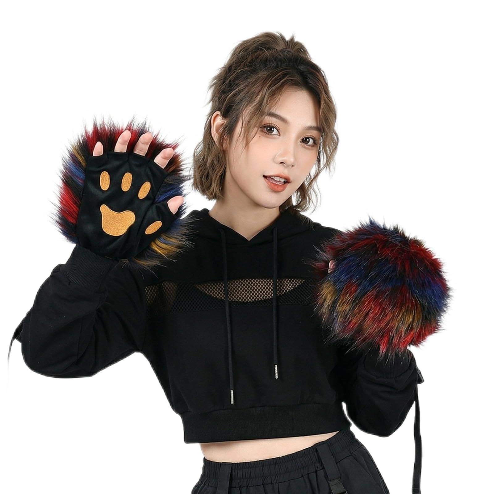 TINAYAUE Wolf Paw Gloves Furry Bear Dog Cat Paws Gloves Faux Fur Fingerless Glove Werewolf Costume Cute Animal Hands Halloween Cosplay Accessories for Adults Kids (Colorful, One Size)