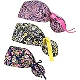 Scrub Caps Women with Buttons Nurse Hat Scrub Cap Ponytail Nursing Hats Long Hair Working Cap with Buttons and Ribbon Tie Halloween Chemo Hats Cancer Headwear Head Scarfs