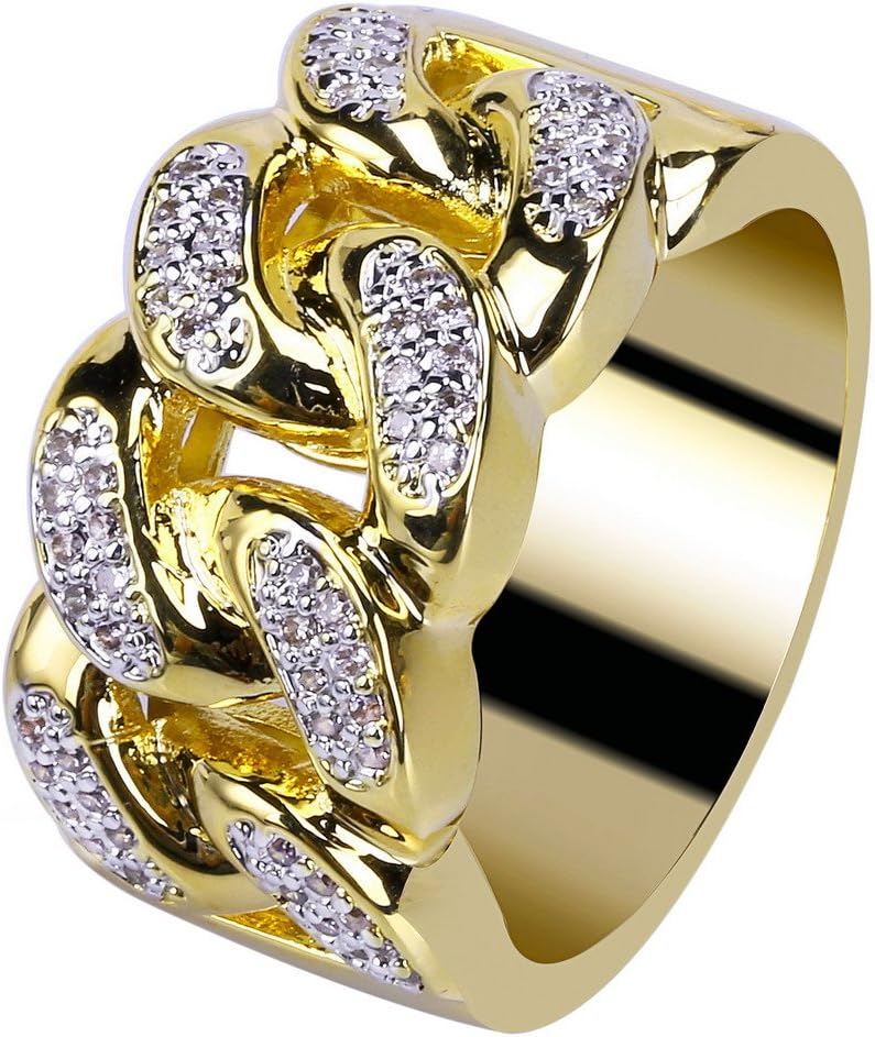 JINAO18K Gold Plated ICED Out CZ Cuban Link Band Mens Bling Rhodium Ring Hip Hop