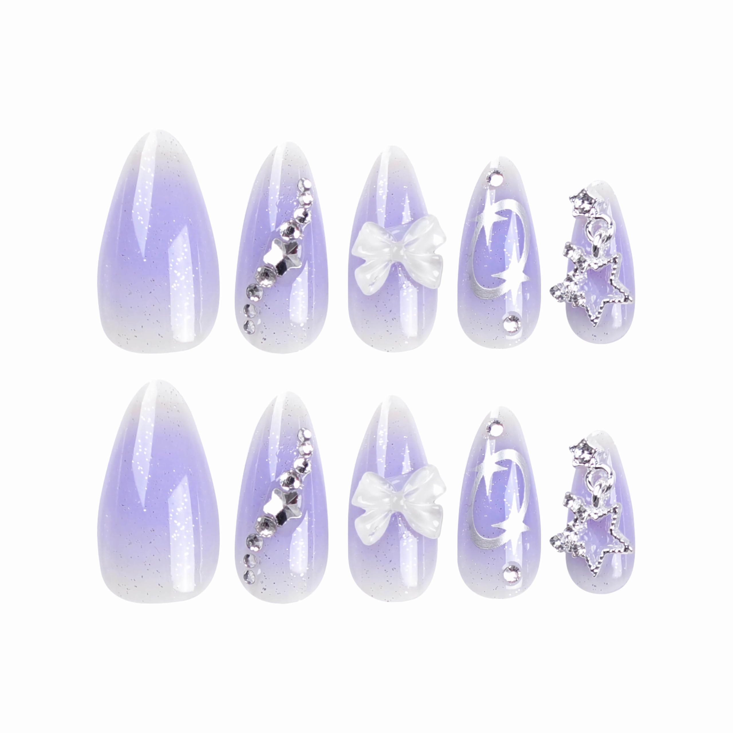 BABALAL Almond Shape Medium Purple & White Rhinestone Glitter Acrylic Nails - 24Pcs Stiletto Set Shiny False Nails for Women and Girls - Image 2