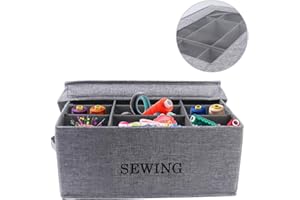 Xbopetda Linen Sewing Box, Large Sewing Basket Empty, Sewing Supplies Organizer with 9 Compartments, Sewing Storage Box for Sewing Accessories, Scissors, Thread, Pins, Needles & Clips -BOX ONLY (Gray)