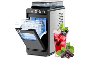 Kismile Countertop Ice Maker with 1.2L Top Water Tank, 8 Bullet Cubes in 6 Mins, 26.5lbs in 24Hrs, 2 Ice Sizes, Self-Cleaning Portable Ice Maker with Basket and Scoop, for Home/Camping/RV, Black
