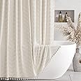 AmazerBath Boho Farmhouse Shower Curtain with Tassels, Beige Shower Curtain Fabric, Soft Cloth Shower Curtains for Bathroom, Chevron Rustic Shower Curtain with Hooks, Hotel Quality, 72x72 Inches