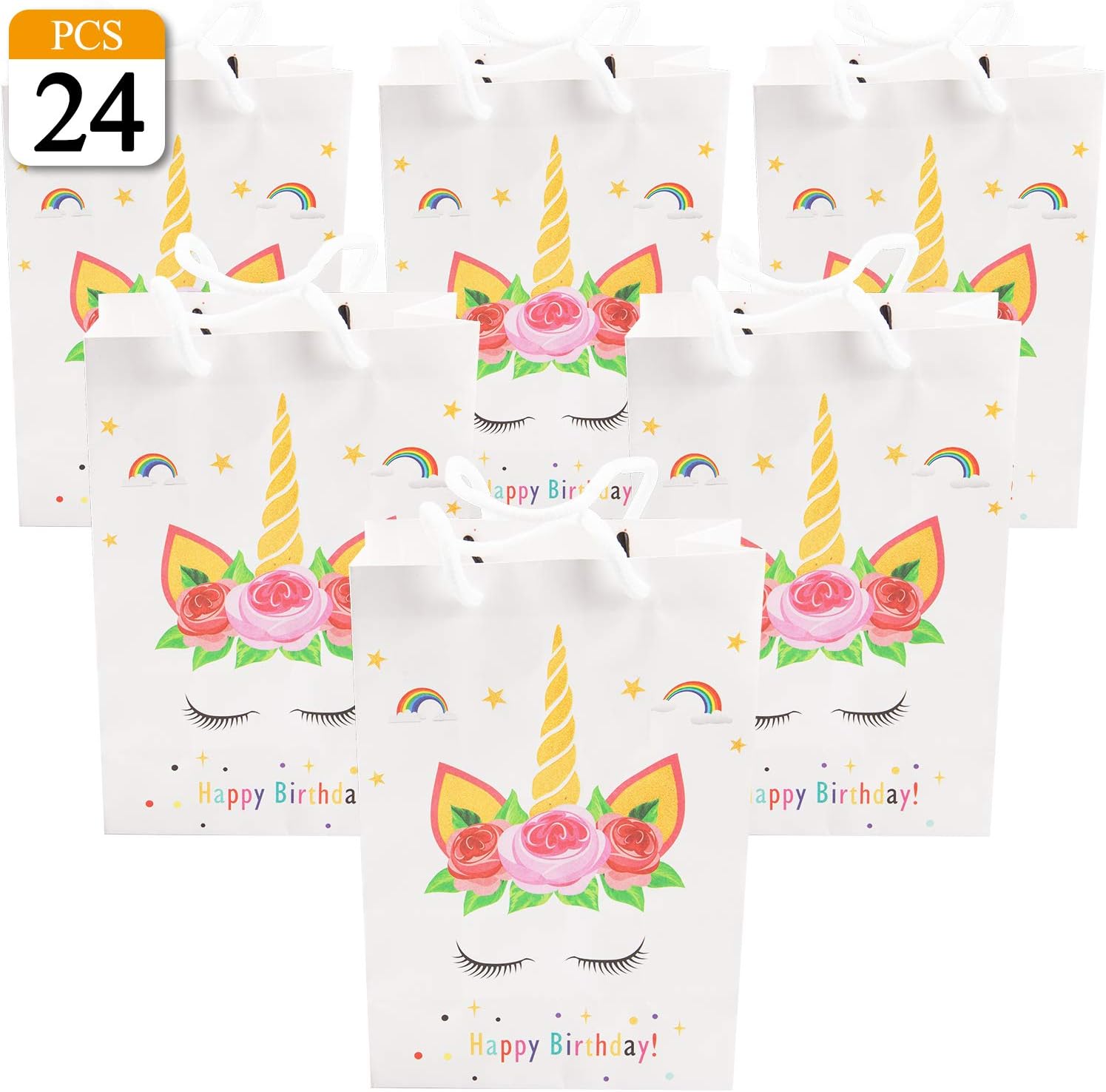 VONDERSO Unicorn Party Bags Goody Bags Paper Gift Bags For Birthday Party Supplies, 5.9x3.15x8.58 inch (Gold-HBD, 24pcs)