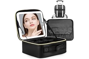 BEWITU Makeup Bag with lighted Mirror, Travel Makeup Case for Women and Makeup Artists Cosmetic Organizer Large Make Up Bags with Light Up Mirror, 3 Color Lights, Adjustable Dividers and Brush Holder, Black