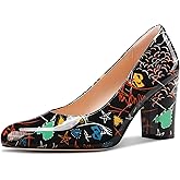 Castamere Womens High Chunky Block Heel Round Toe Pumps Slip-on Prom Dress Patent Leather 3.2 Inches Heels