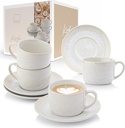 Sänger | Kaffeetassen Set mit Untertasse Korfu 8 tlg, Kaffeetassen und Untertassen 4 Personen, Steingut Kaffeeservice, Tassen Creme Farben & Sandiger Maserung im Inneren 160ml | PREMIUM COLLECTION