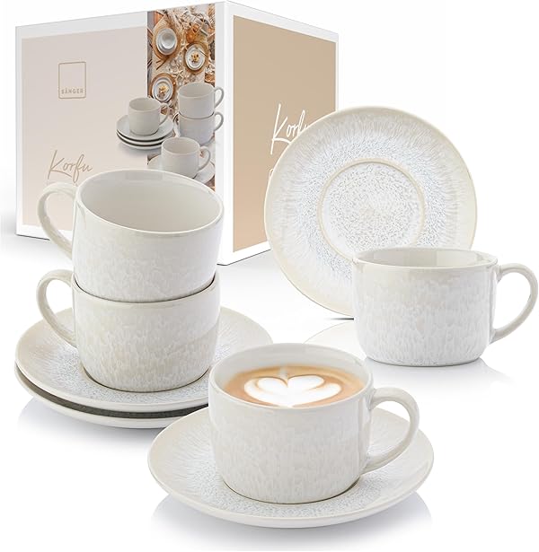 Sänger | Kaffeetassen Set mit Untertasse Korfu 8 tlg, Kaffeetassen und Untertassen 4 Personen, Steingut Kaffeeservice, Tassen Creme Farben & Sandiger Maserung im Inneren 160ml | PREMIUM COLLECTION