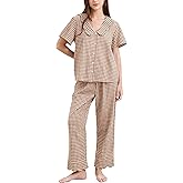 Flygo Womens Gingham Pajamas Set Cotton 2 Piece Pj Set Scalloped Collar Babydoll Shirt Pants Plaid Y2K Lounge Sets
