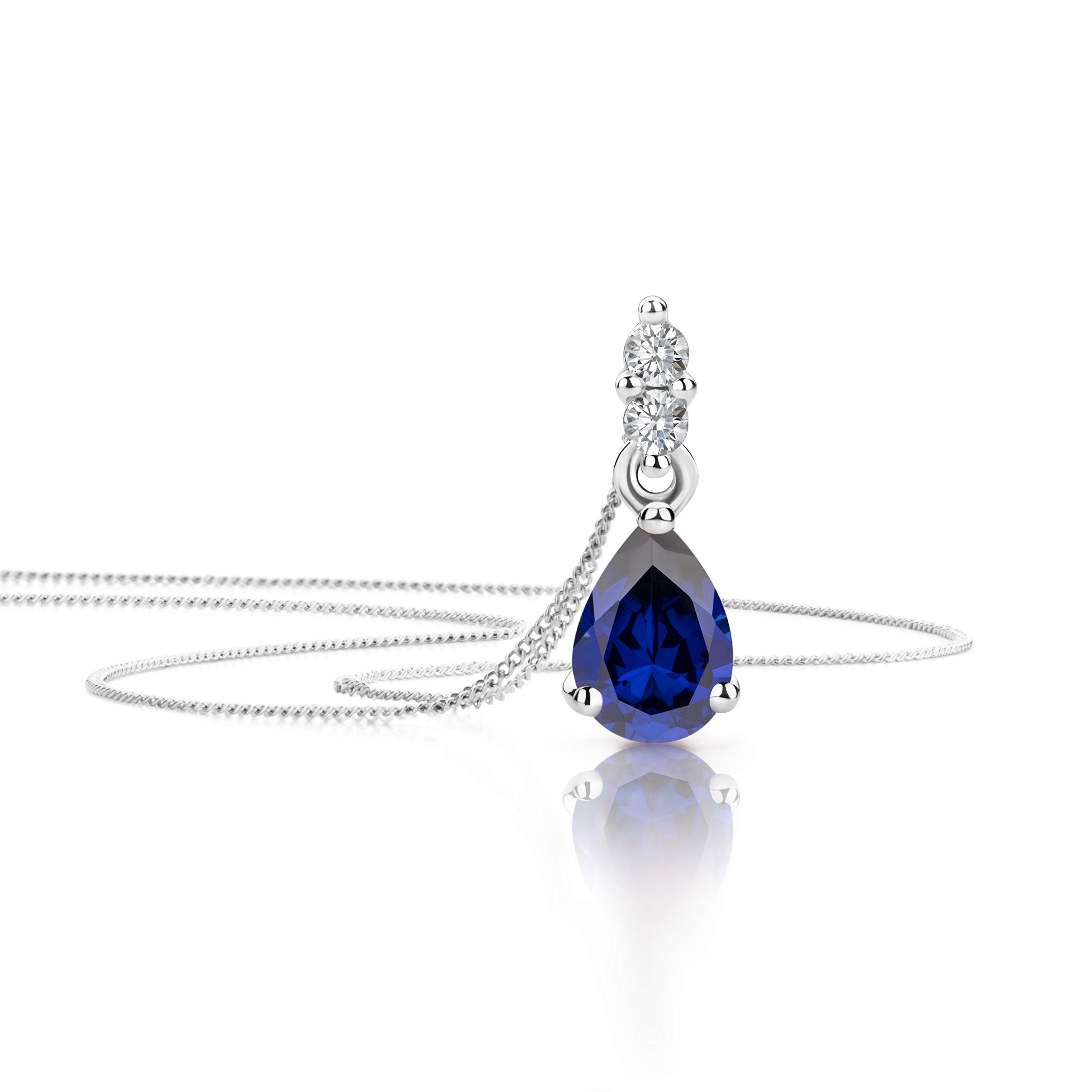 OROVI Pear-Shaped White Gold Necklace for Women with Diamonds and a Sapphire in 9 Carat Gold, Hypoallergenic Necklace - Handmade pendants with jewellery box