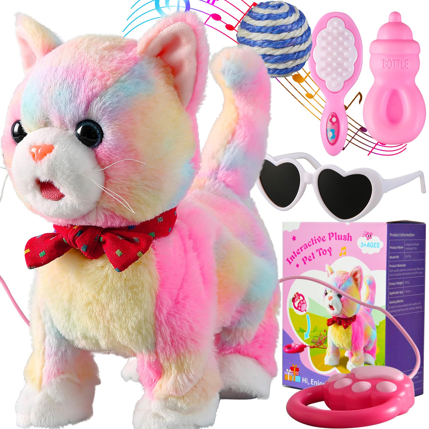 Colorful Leash Walking Cat Set Interactive Talking Cat Singing Dancing Kitten Mimicking Repeat What You Say Kitty Touch and Voice Control Nodding Wagging Tail Plush Electric Kitty for Kid Gril