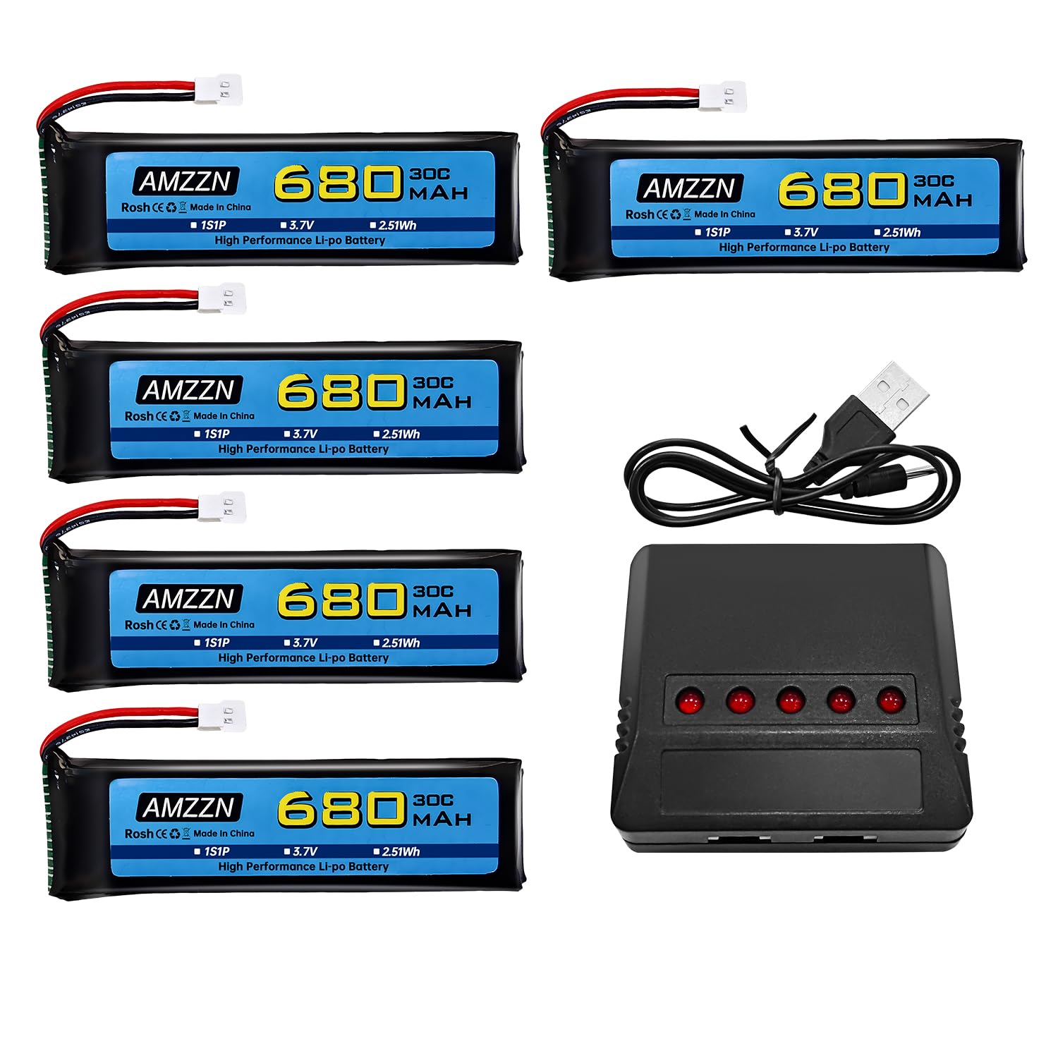 AMZZN 5PCS 3.7V 680mAh 1S Lipo Battery with Molex Plug and 5-in-1 Charger for Wltoys XK K110 K110S V977 V988 V930 Q282 RC Drone, Four Axis Aircraft Battery Accessories
