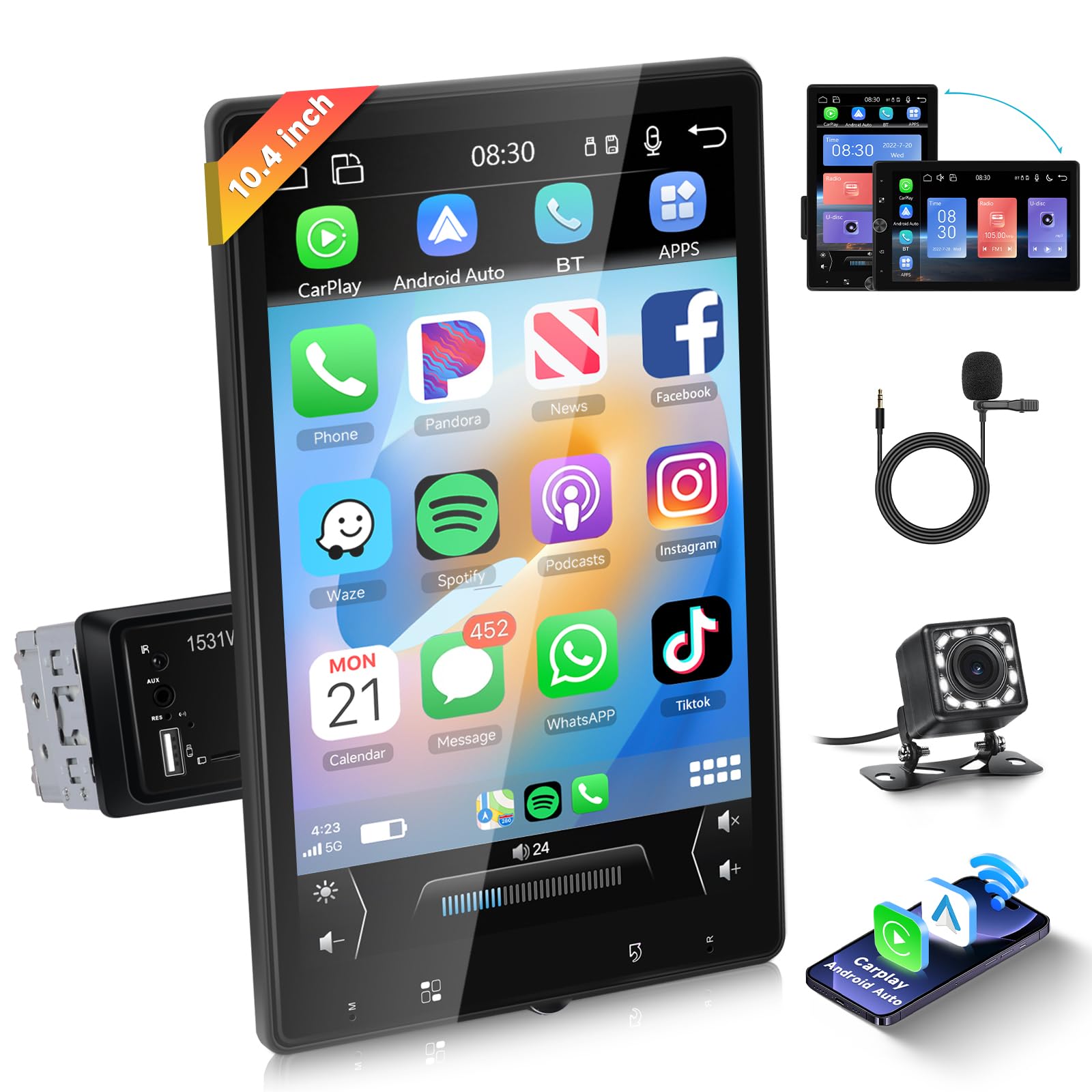 Single DIN Car Stereo with Wireless Carplay and Android Auto, 10.4 Inch ...
