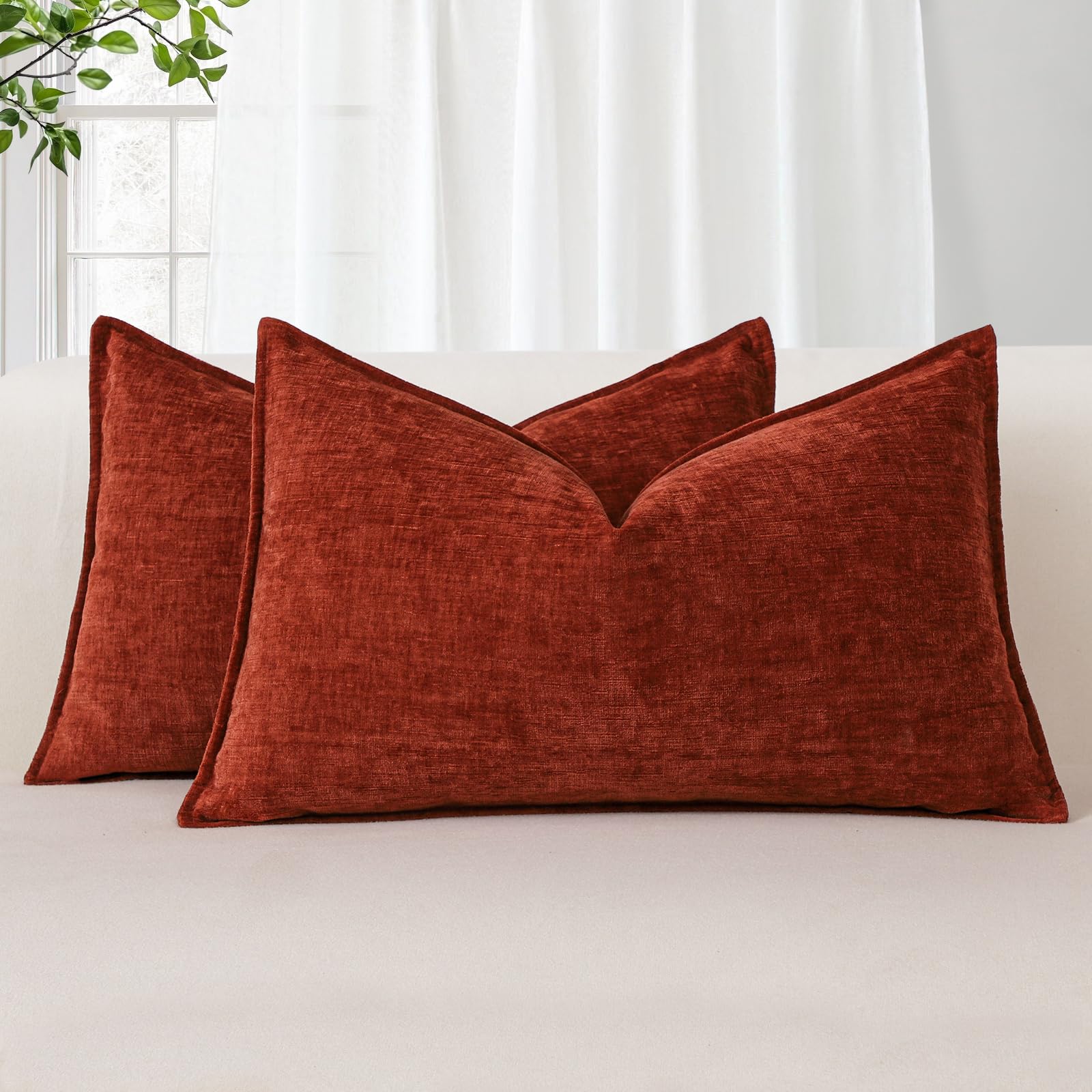 Sungeek Set of 2 Soft Chenille Cushion Covers 30x50cm Lumbar Decorative Throw Pillow Covers with Stitched Edge Solid Dyed Pillow Cases Covers for Home Decor Couch Sofa Bed Living Room, Rust