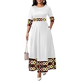 FANDEE Casual Maxi Dresses for Women Elegant 3/4 Sleeve Round Neck Africa Print Church Dress with Pocket