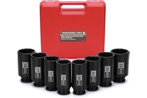 Mayouko 8PCS 1/2" Deep Axle Nut Impact Socket Set, CR-MO, 12 Point Design, Metric, 29,30,32,34,35,36,38,39mm, 1/2 Inch Extra 