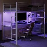 VINGLI Twin Loft Bed with 15 Inches Safety Guardrail/L-Shaped Desk/Flat Rungs, LED Single High Sleeper with 2 Charging Stations/Storage Shelves/Dresser, Heavy Duty Metal Support Slat, White