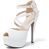 MAIERNISI JESSI Women's Platform High Heel Sandals, Peep Toe, Crisscross Straps, Strappy Ankle Buckle, Zip, Stiletto Heels