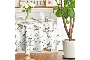 Horaldaily Spring Summer Tablecloth 70x70 Inch Round, Birds Branch Floral Table Cover for Party Picnic Dinner Decor