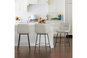 Cozyman 26 Inch Bar Stools Set of 3, Double-Layer Upholstered Counter Height Bar Stools for Kitchen Island, Faux Leather Barstools with Back and Footrest, Armless Barstool Chairs, Light Beige Gray