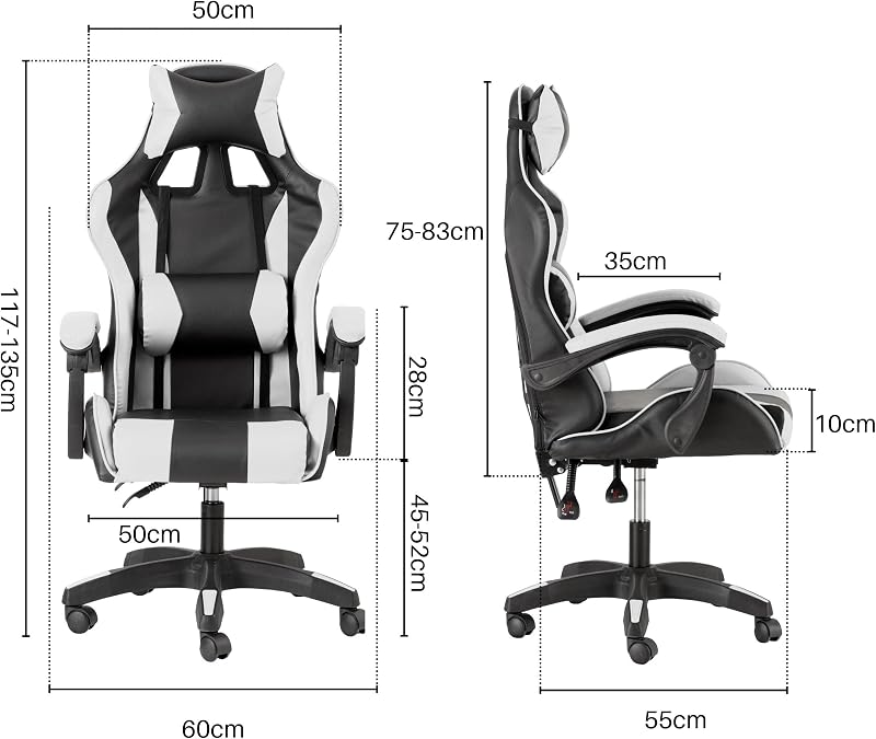 – Silla De Gaming Blanca y Negra, Silla Ergonómica de Oficina con Respaldo Regulable de 90° a 120°, con Reposacabezas, reposabrazos y Soporte Lumbar. Rotación de 360°