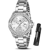 OLEVS Watches Women with Date Silver Stainless Steel Luxury Ladies Watches with Small Writs Diamond Watches for Women Waterproof Elegant Dress Quartz Analog Women's Wrist Watches Reloj de Mujer