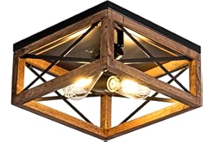 Rpzloila Flush Mount Ceiling Light Fixture for Kitchen Hallway, 2-Light Close to Ceiling Light with Black Metal and Wood Design, Rustic Farmhouse Ceiling (Bulb not Included)